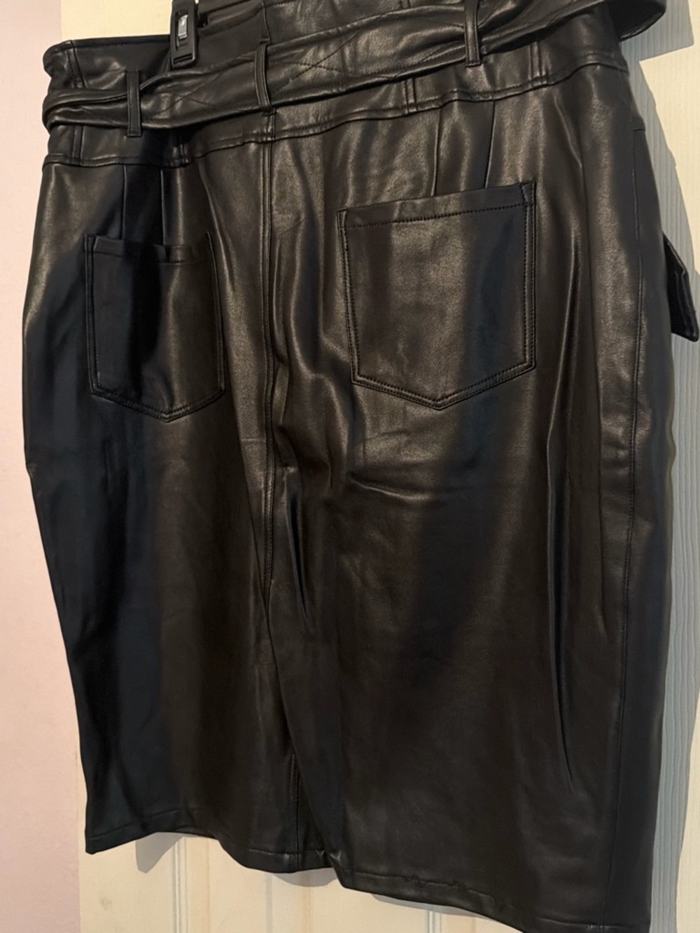 Black Faux Leather Skirt with Belt Detail